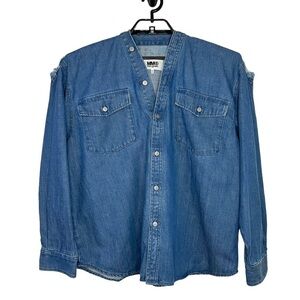 MM6 Maison Margiela Womens Denim Jacket Sz 46 Blue Boxy Frayed Trim Button Up